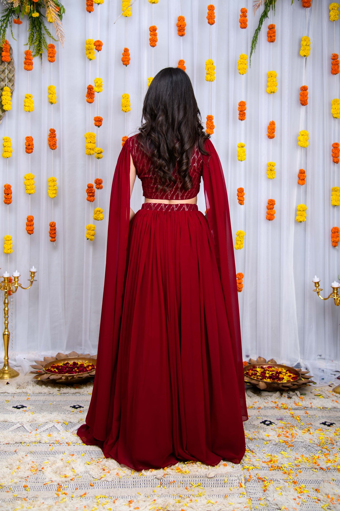 Maroon Cape Sleeves Lehenga Set