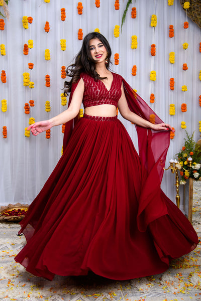 Maroon Cape Sleeves Lehenga Set