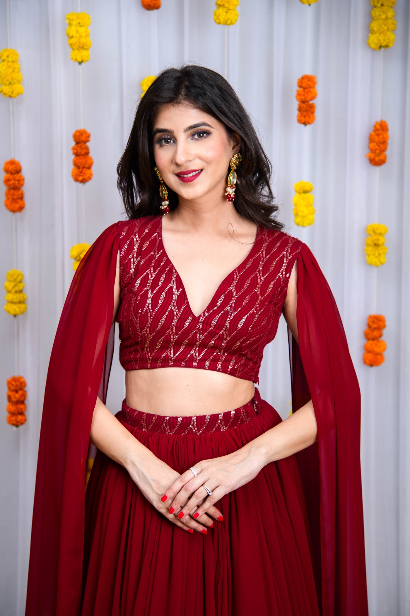 Maroon Cape Sleeves Lehenga Set