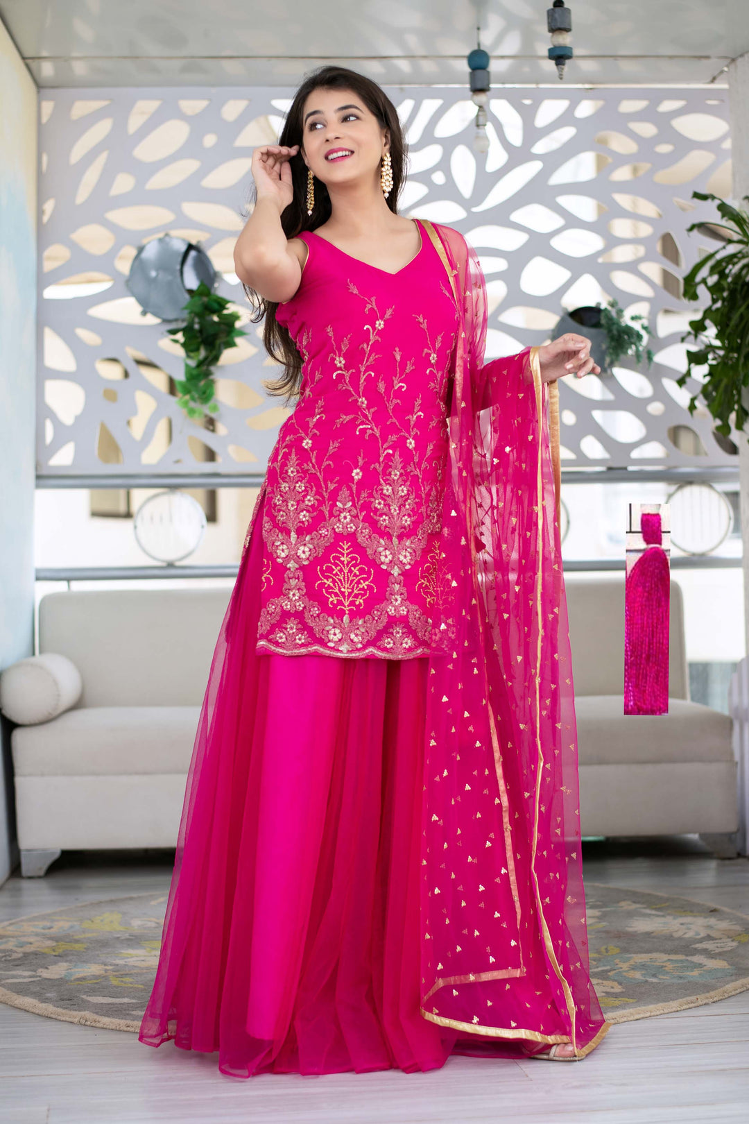 Pink Georgette Heavy Work Kurta With Long Skirt And Net Dupatta