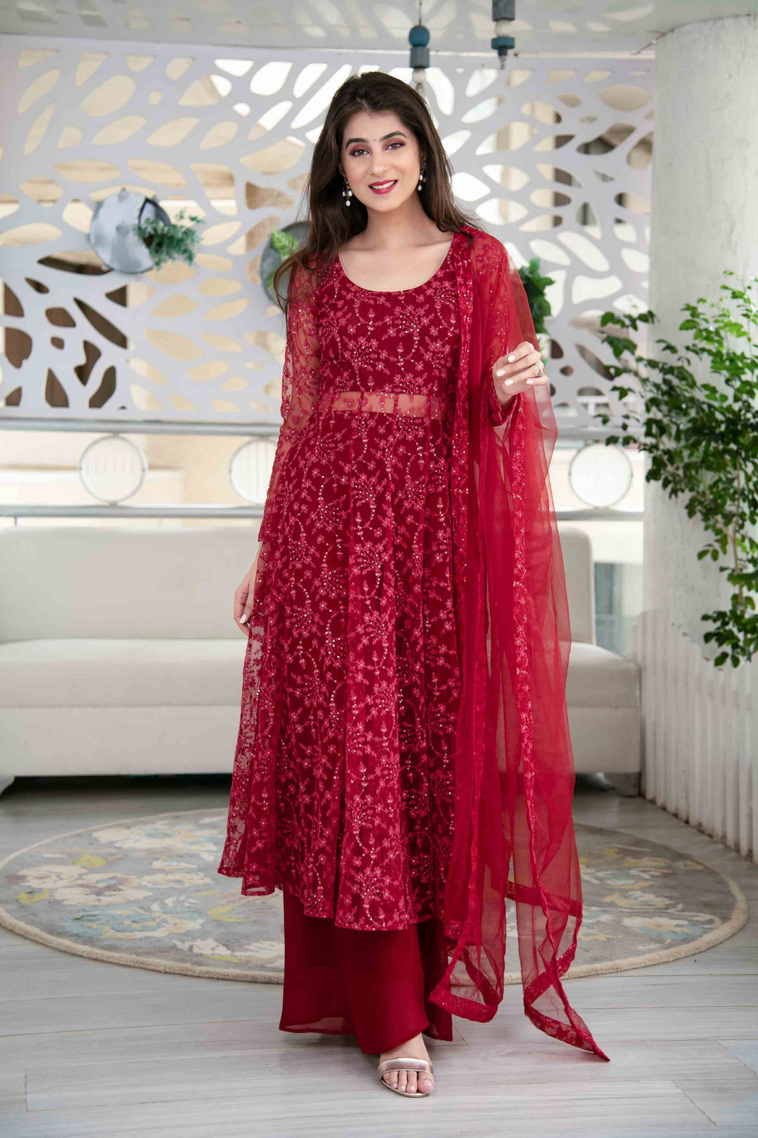 Buy Red Anarkali Kurta Suit Set With Palazzo and Dupatta Label Shaurya Sanadhya