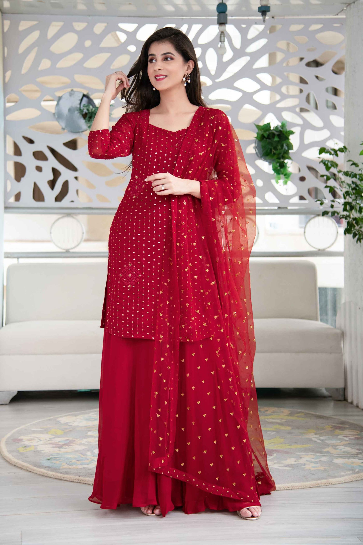 BUY RED HEAVY THREAD WORK KURTA WITH PALAZZO ONLINE IN INDIA | LABEL ...